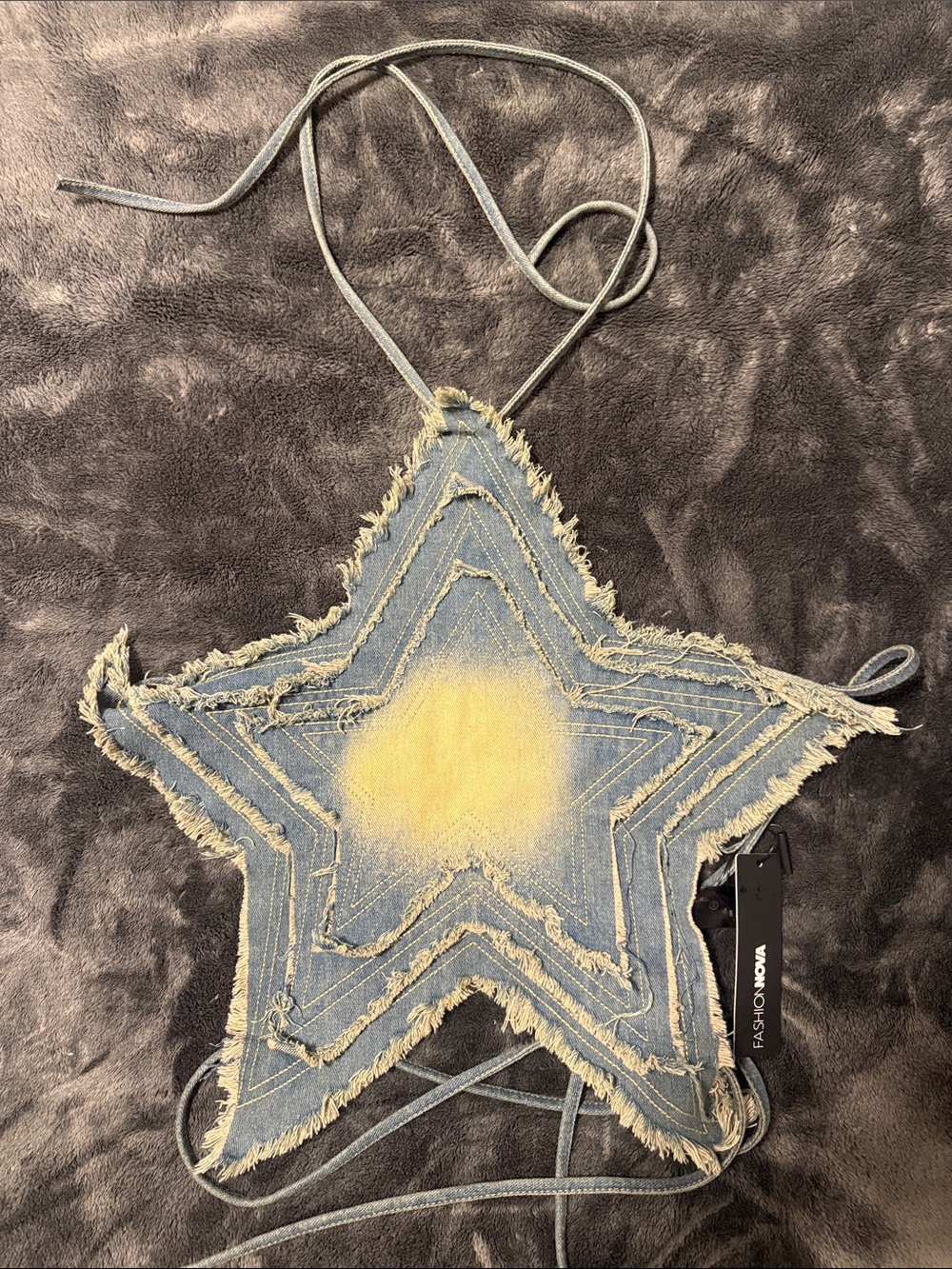 Fashion Nova Frayed Denim Star Crossbody with Yellow Center